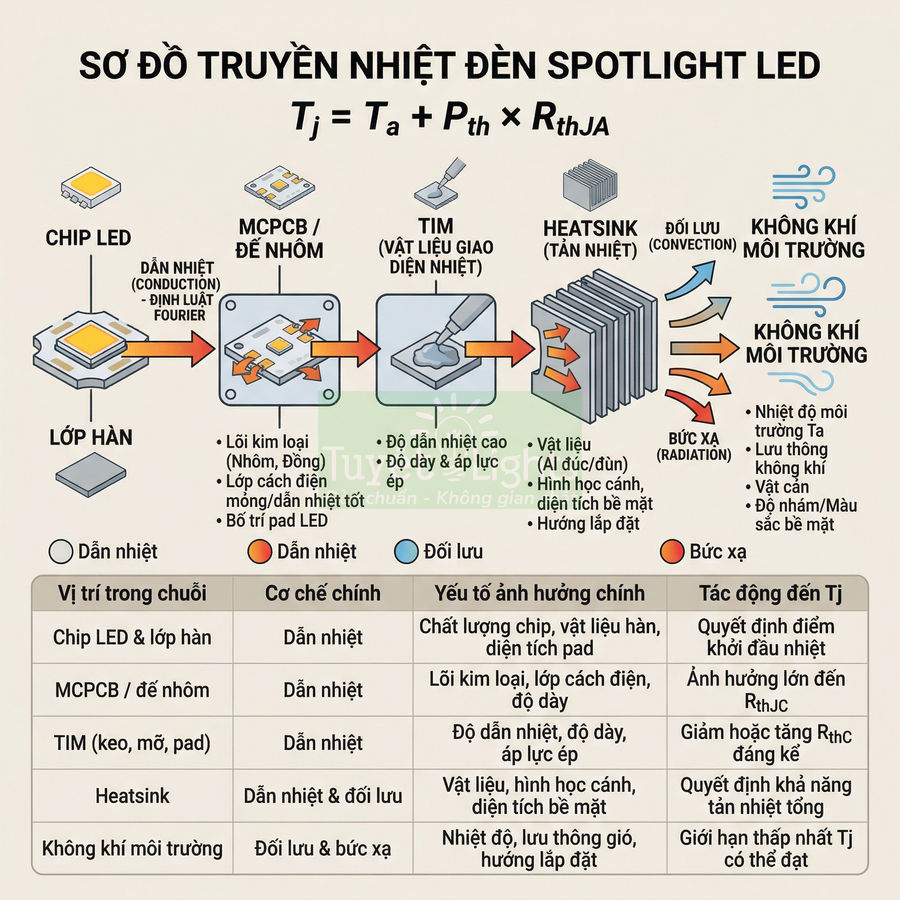 Sơ đồ truyền nhiệt của đèn spotlight LED qua chip, lớp hàn, đế nhôm, keo tản nhiệt, heatsink đến không khí