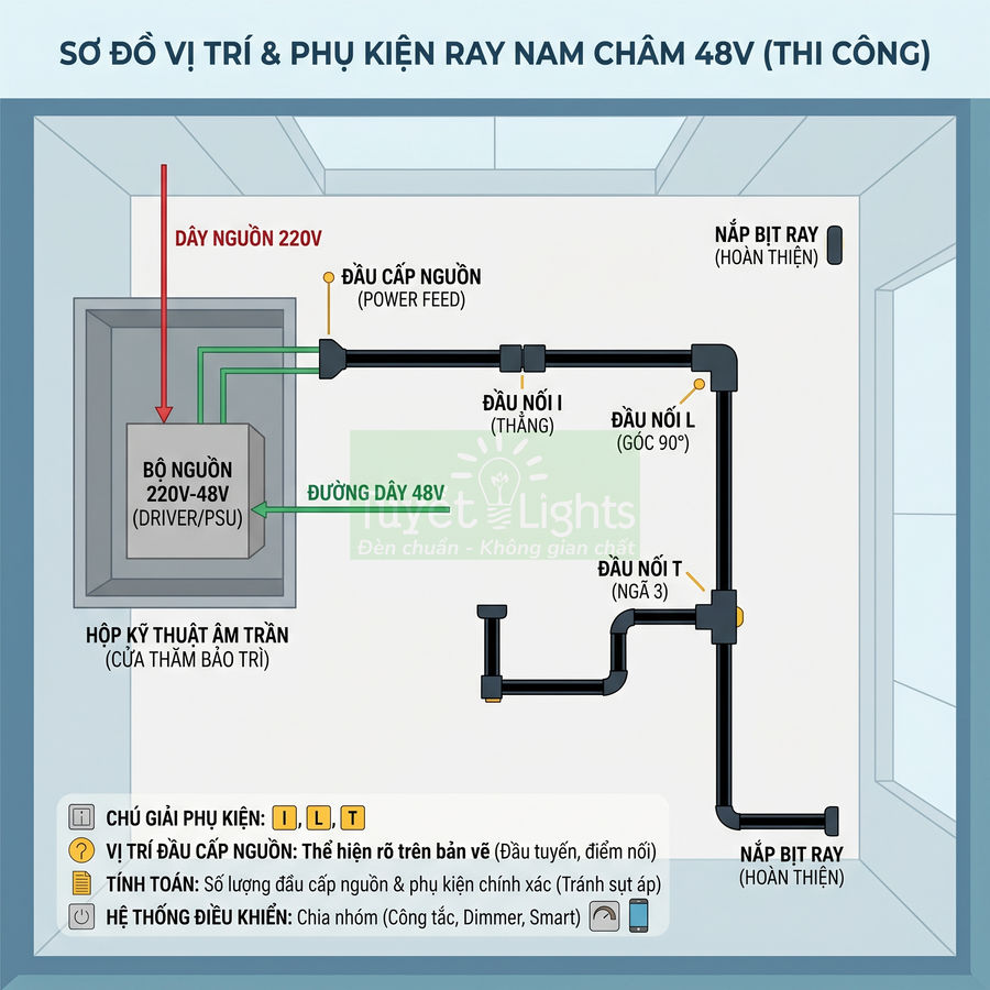 Sơ đồ lắp đặt ray nam châm 48V âm trần với bộ nguồn 220V 48V và các đầu nối, nắp bít ray