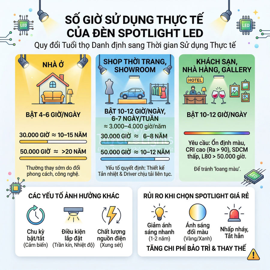 Infographic hướng dẫn số giờ sử dụng thực tế và tuổi thọ của đèn spotlight LED cho nhà ở, shop, khách sạn