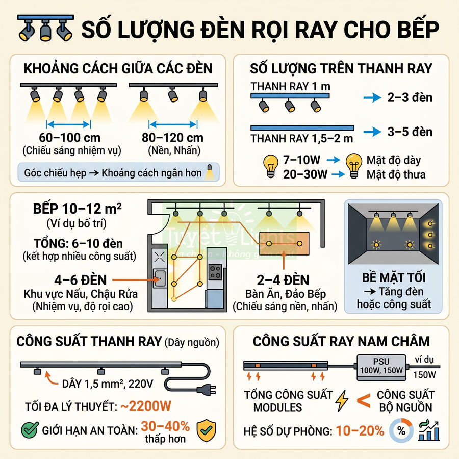 Hướng dẫn bố trí số lượng và công suất đèn rọi ray cho bếp, khoảng cách và vị trí lắp chi tiết