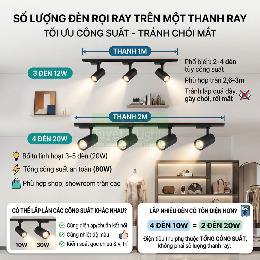 Đèn rọi ray đen lắp trên thanh ray trần nhà chiếu sáng shop thời trang, bố trí số lượng đèn tối ưu tránh chói mắt