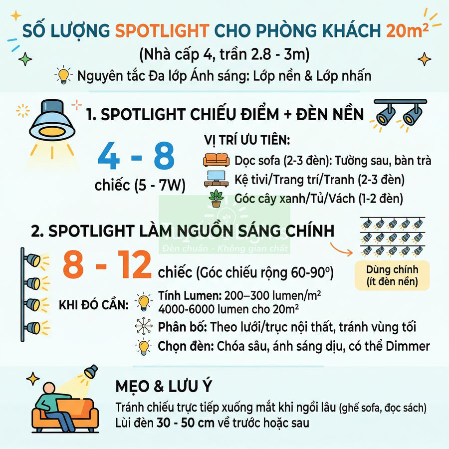 Infographic hướng dẫn số lượng đèn spotlight cho phòng khách 20m2 và vị trí lắp đặt hợp lý