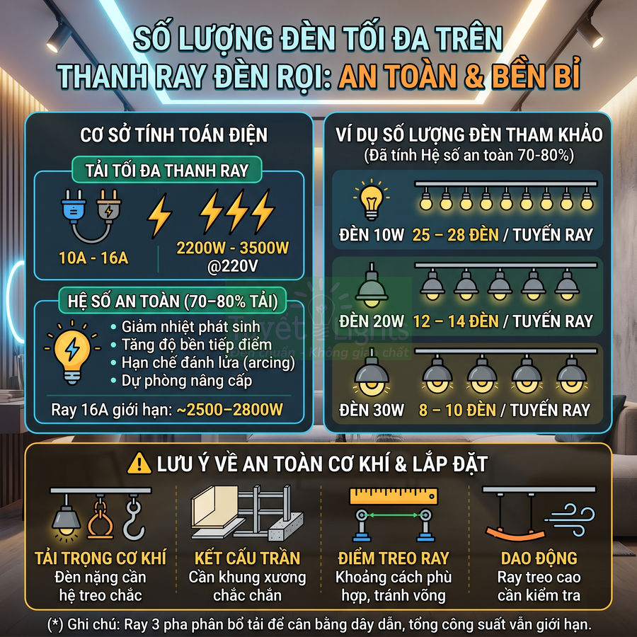 Hướng dẫn số lượng đèn rọi tối đa trên thanh ray, công suất và lưu ý an toàn khi lắp đặt
