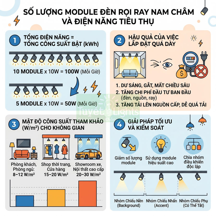 Infographic hướng dẫn chọn số lượng module đèn rọi ray nam châm và tính điện năng tiêu thụ cho từng không gian