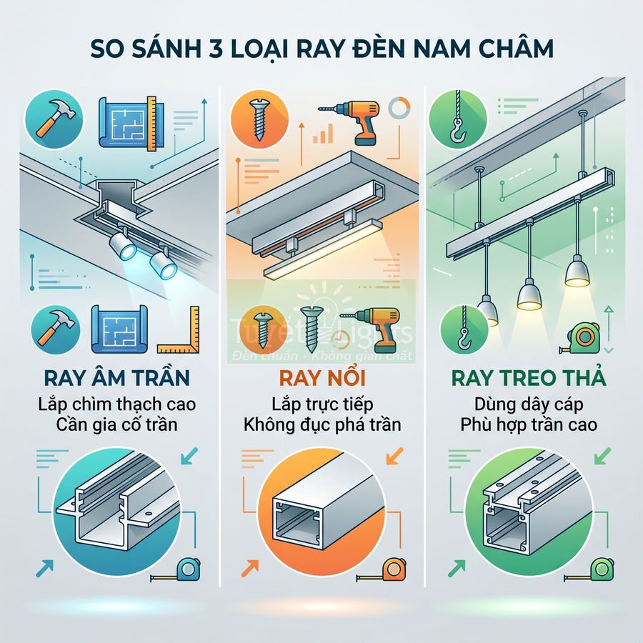So sánh ba loại ray đèn nam châm âm trần, ray nổi và ray treo thả cùng cấu tạo và cách lắp đặt