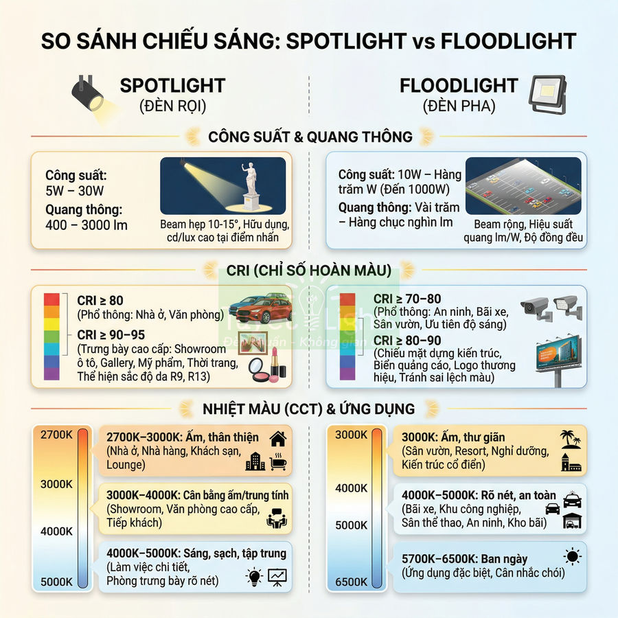 Infographic so sánh đèn spotlight và floodlight về công suất, quang thông, CRI và nhiệt màu trong các ứng dụng chiếu sáng