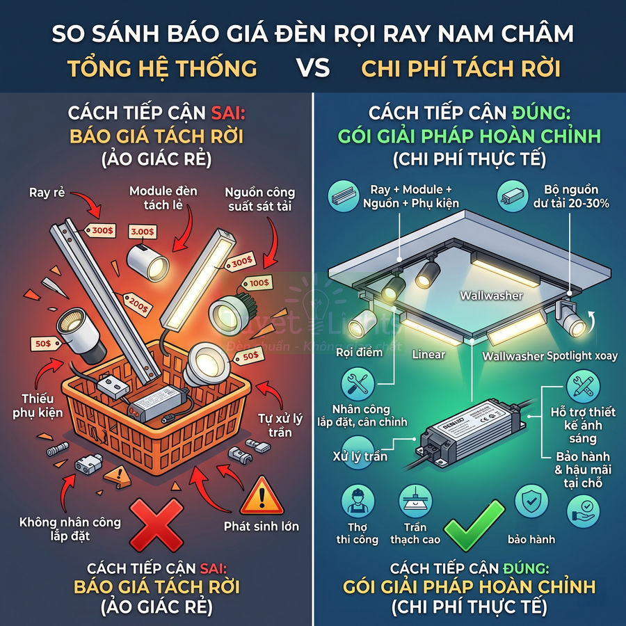 So sánh báo giá đèn rọi ray nam châm: báo giá tách rời và gói giải pháp hoàn chỉnh