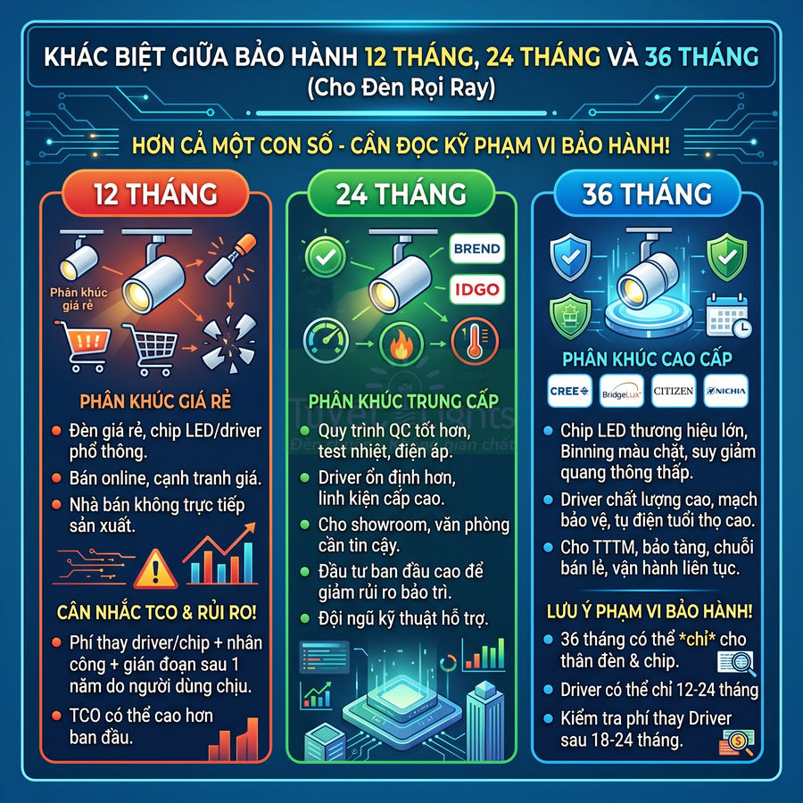 So sánh bảo hành 12 24 36 tháng cho đèn rọi ray giá rẻ trung cấp và cao cấp kèm ưu nhược điểm