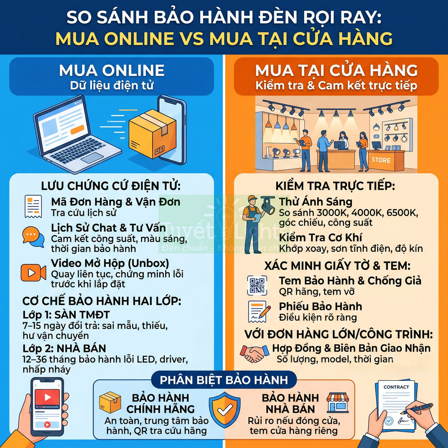So sánh bảo hành đèn rọi ray khi mua online và mua tại cửa hàng với các bước kiểm tra và lưu chứng từ