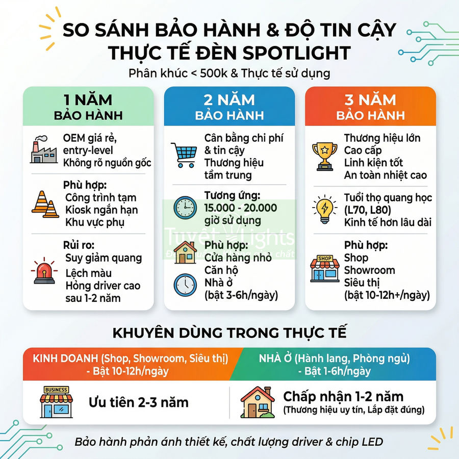 Infographic so sánh thời gian bảo hành và độ tin cậy đèn spotlight LED 1 năm 2 năm 3 năm