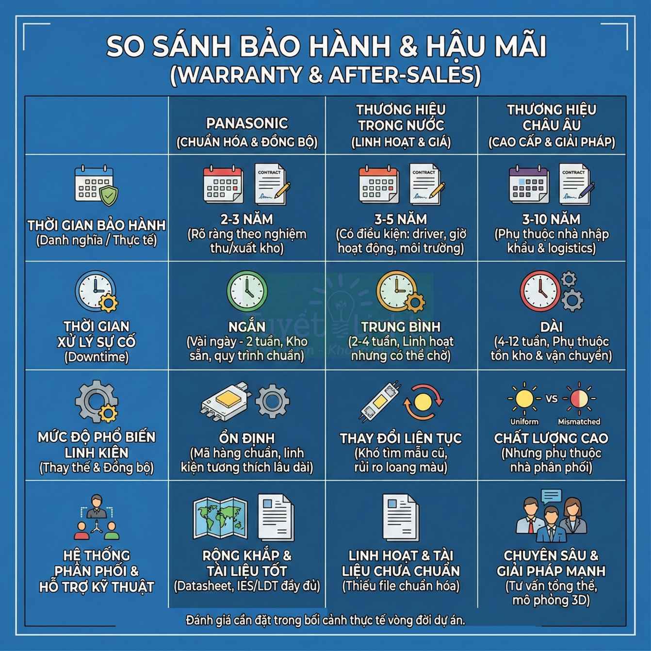 Bảng so sánh chính sách bảo hành và hậu mãi giữa Panasonic, thương hiệu trong nước và thương hiệu châu Âu