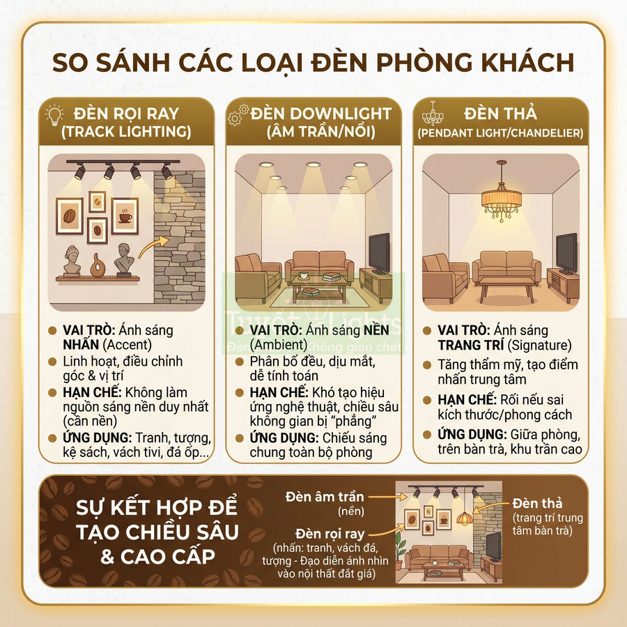 Infographic so sánh đèn rọi ray, đèn downlight âm trần và đèn thả trang trí cho phòng khách