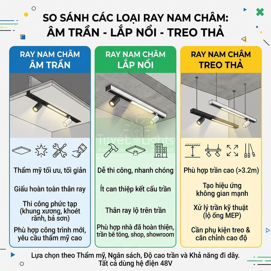 So sánh các loại ray đèn nam châm âm trần, lắp nổi và treo thả cho trần nhà hiện đại
