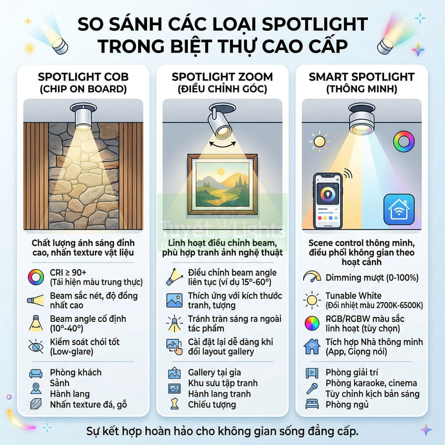 So sánh các loại đèn spotlight COB, spotlight zoom và smart spotlight cho biệt thự cao cấp