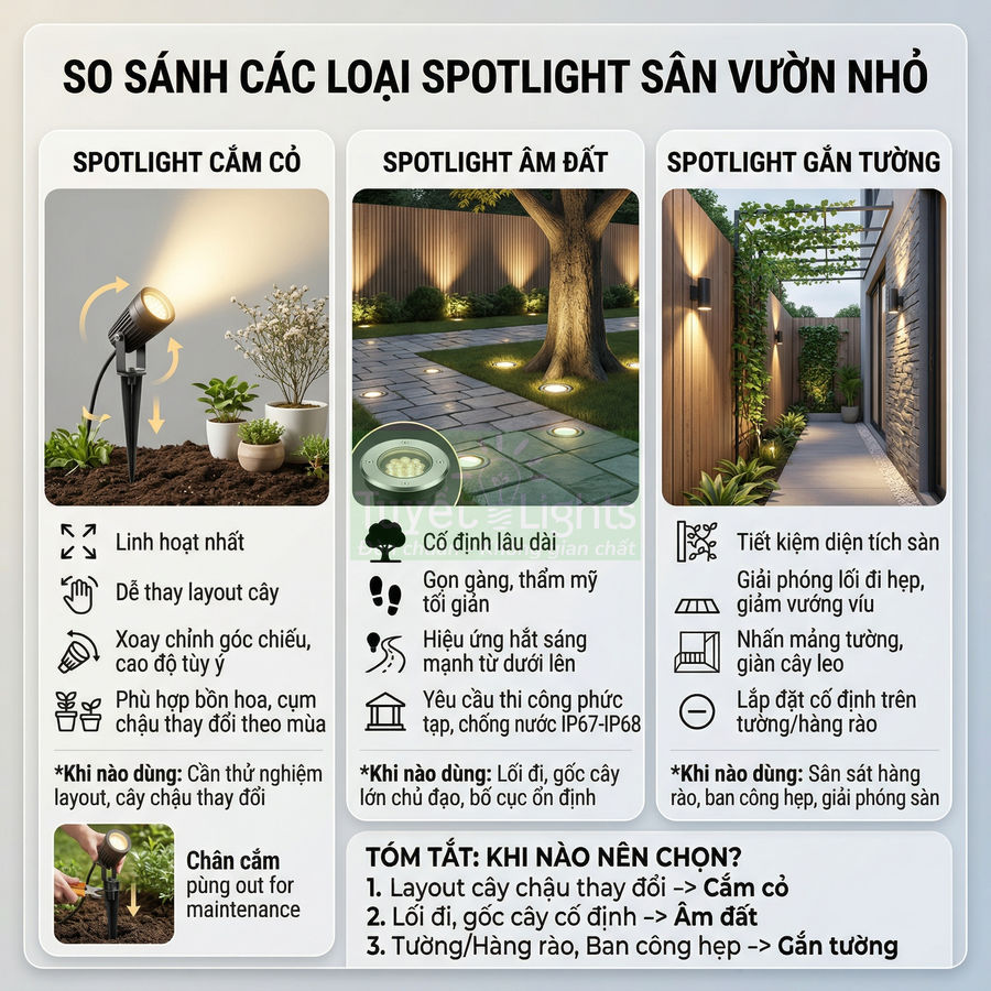 So sánh spotlight cắm cỏ, spotlight âm đất và spotlight gắn tường cho sân vườn nhỏ kèm ưu nhược điểm