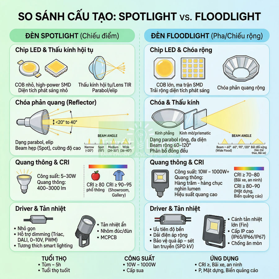 Infographic so sánh cấu tạo và đặc điểm đèn LED spotlight chiếu điểm và đèn LED floodlight chiếu rộng