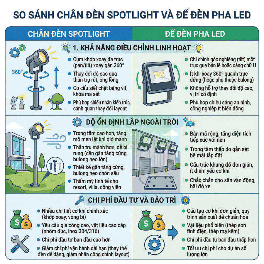 So sánh chân đèn spotlight và đế đèn pha LED về khả năng điều chỉnh, độ ổn định và chi phí lắp đặt