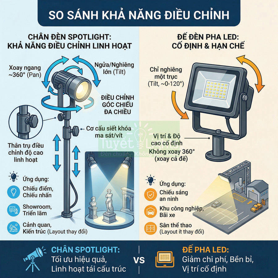 So sánh chân đèn spotlight điều chỉnh linh hoạt với đế đèn pha LED cố định trong các ứng dụng chiếu sáng