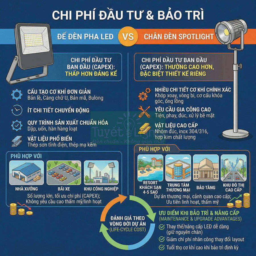 So sánh chi phí đầu tư và bảo trì đèn pha LED với chân đèn spotlight cho nhà xưởng, bãi xe, resort