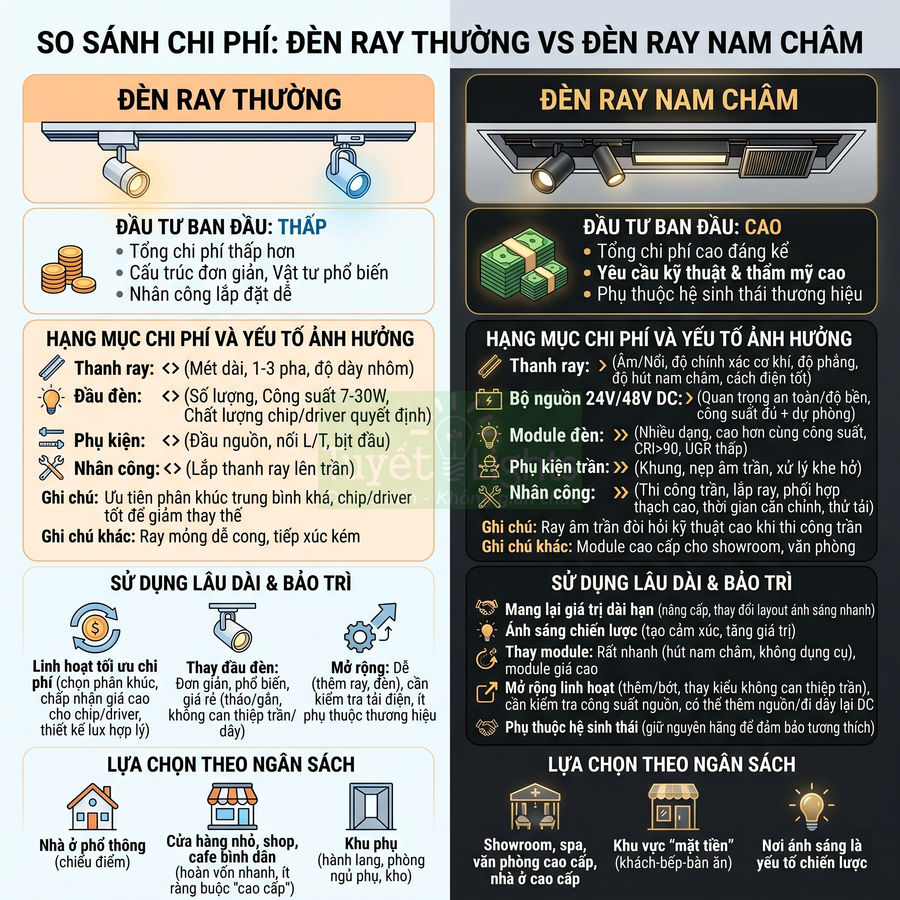Infographic so sánh chi phí và đặc điểm đèn ray thường với đèn ray nam châm cho chiếu sáng nội thất