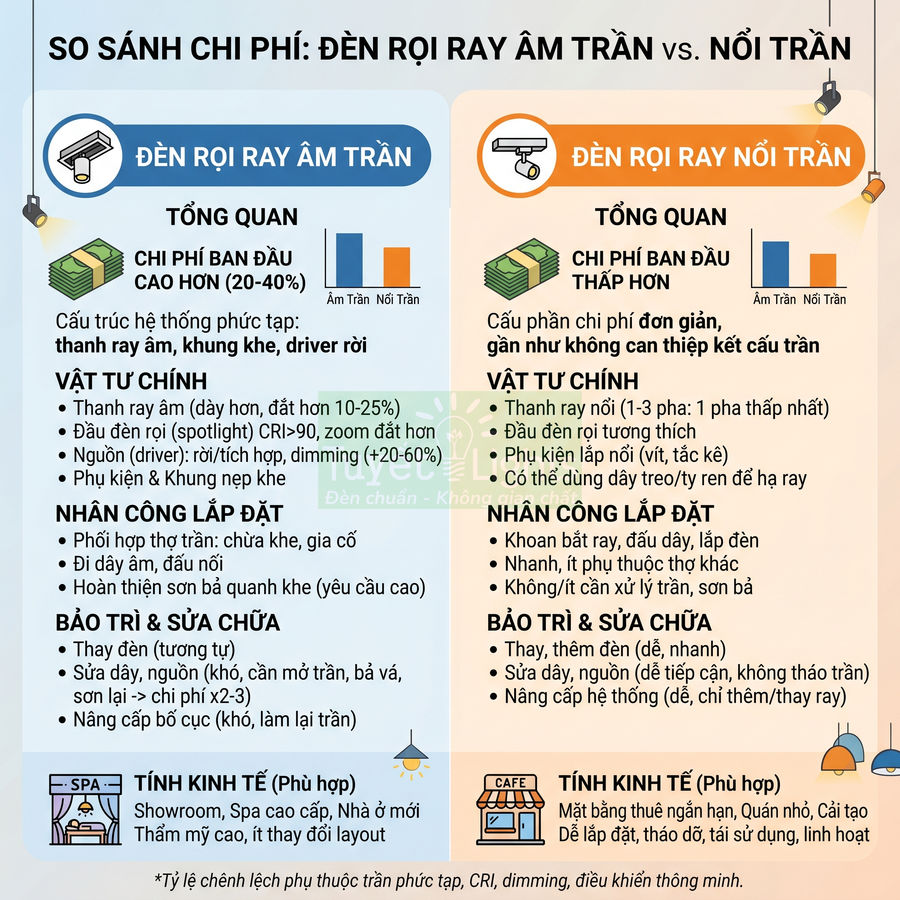Infographic so sánh chi phí đèn rọi ray âm trần và đèn rọi ray nổi trần, vật tư, lắp đặt, bảo trì và tính kinh tế