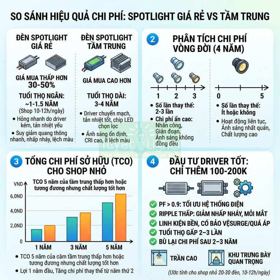 Infographic so sánh chi phí và tuổi thọ đèn spotlight giá rẻ với spotlight tầm trung cho shop nhỏ