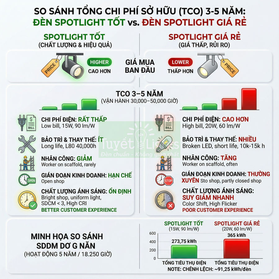 So sánh chi phí sở hữu đèn spotlight tốt và đèn spotlight giá rẻ trong 3 đến 5 năm
