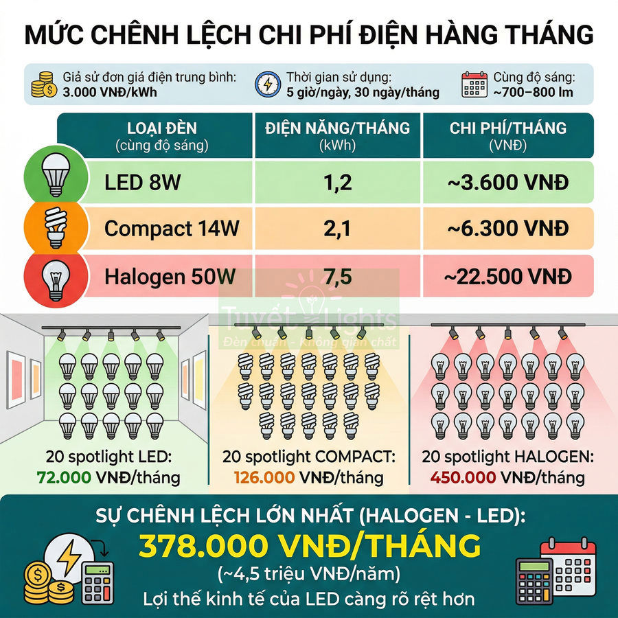 So sánh chi phí điện hàng tháng giữa đèn LED 8W, đèn compact 14W và đèn halogen 50W