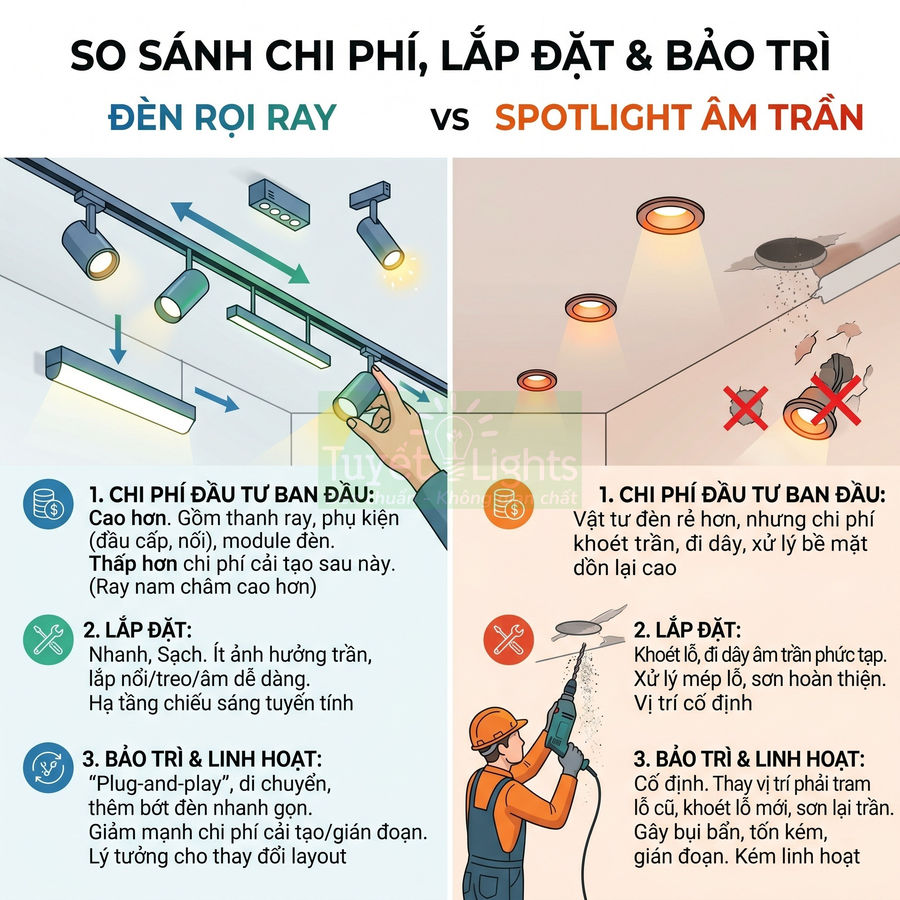 So sánh chi phí lắp đặt bảo trì đèn rọi ray với đèn spotlight âm trần cho trần nhà