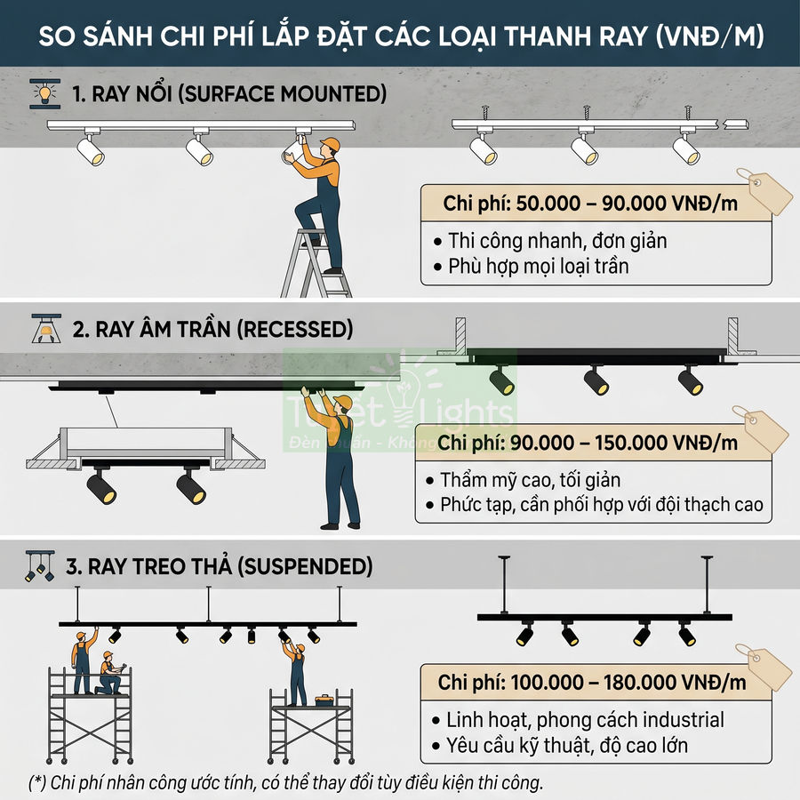 So sánh chi phí lắp đặt thanh ray đèn nổi, âm trần và treo thả theo giá VNĐ mỗi mét