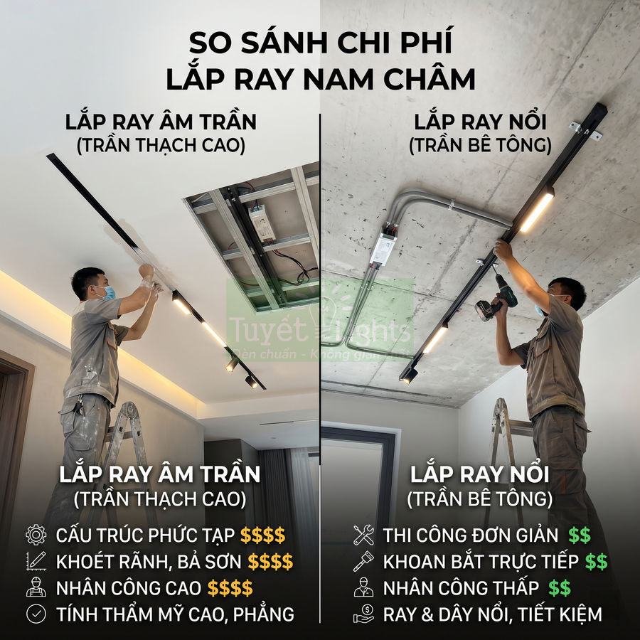 So sánh lắp ray đèn nam châm âm trần và ray nổi trên trần nhà với thợ đang thi công