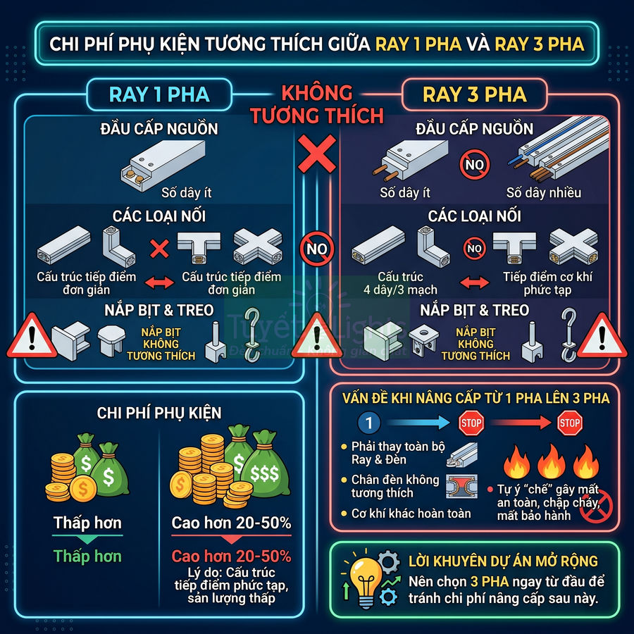 Infographic so sánh chi phí và phụ kiện ray đèn 1 pha và ray đèn 3 pha trong hệ thống chiếu sáng