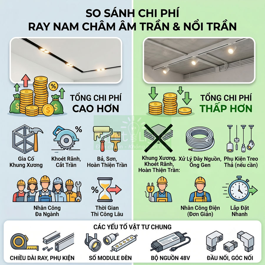 So sánh chi phí ray nam châm âm trần và nổi trần, minh họa cấu tạo, phụ kiện và nhân công lắp đặt