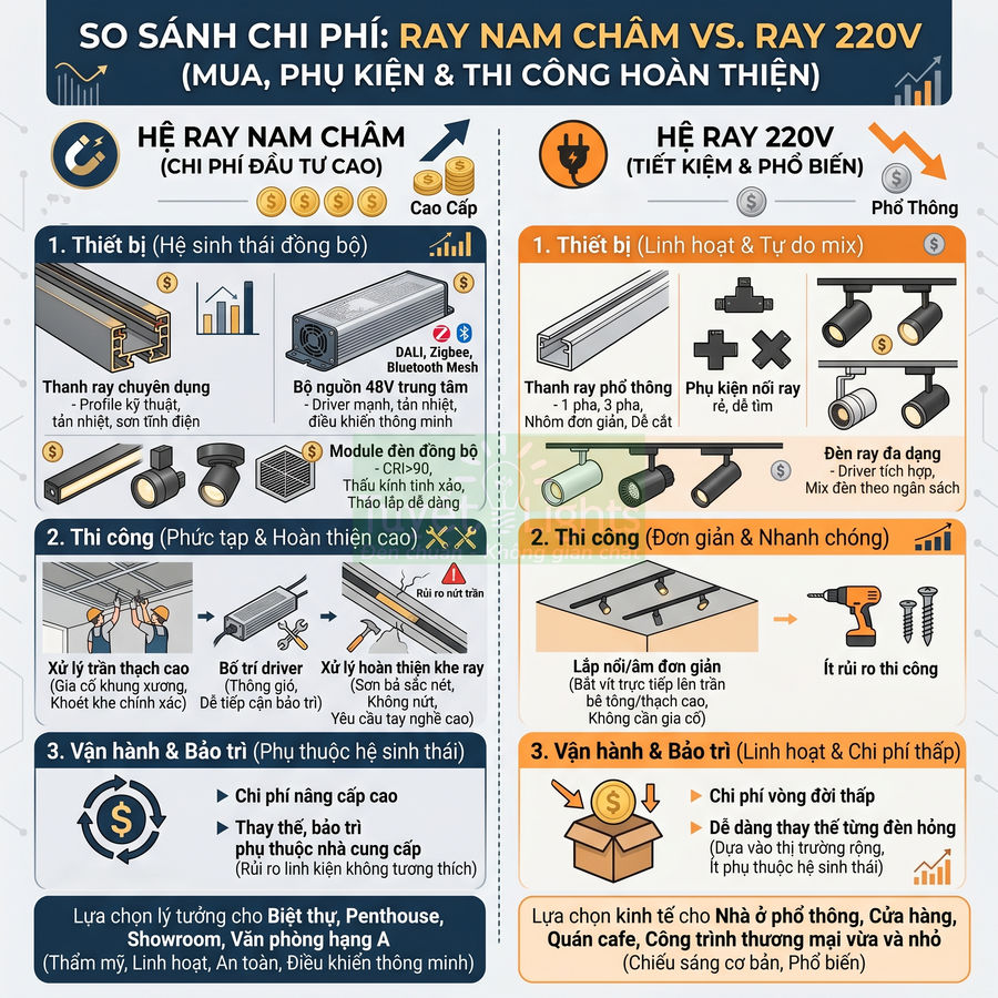 Infographic so sánh chi phí hệ ray nam châm và ray 220V cho chiếu sáng trần nhà