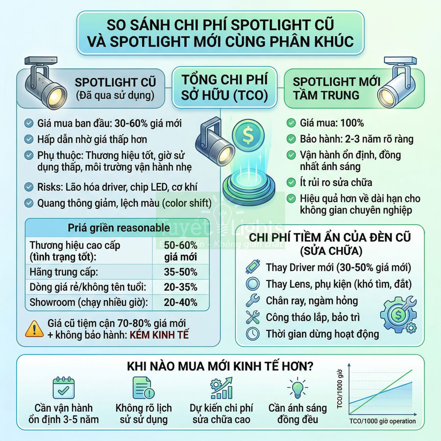 Infographic so sánh chi phí spotlight cũ đã qua sử dụng và spotlight mới tầm trung, phân tích TCO và chi phí sửa chữa