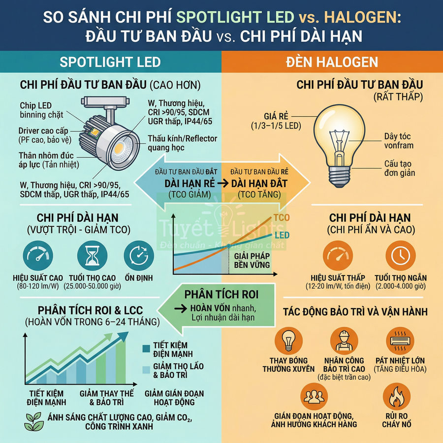 So sánh chi phí và hiệu quả đèn spotlight LED với đèn halogen cho chiếu sáng tiết kiệm điện