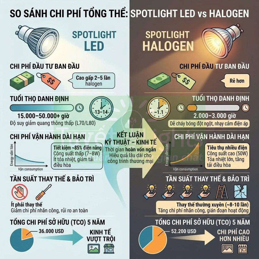Infographic so sánh chi phí tổng thể đèn spotlight LED và spotlight halogen trong 5 năm