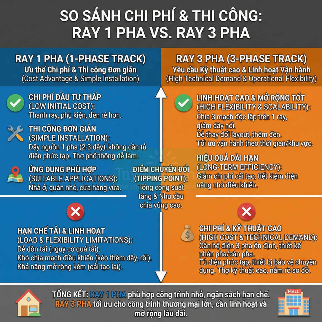 Infographic so sánh chi phí và thi công ray điện 1 pha và ray điện 3 pha cho hệ thống chiếu sáng