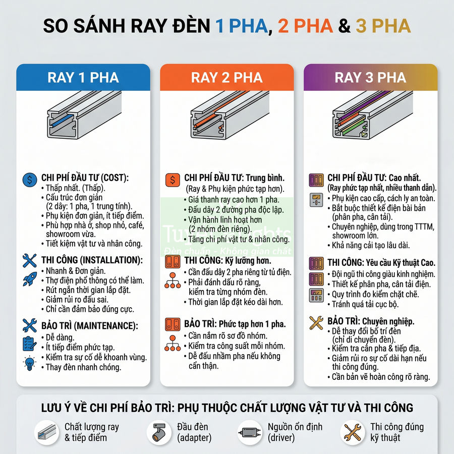 Bảng so sánh ray đèn 1 pha 2 pha 3 pha về chi phí đầu tư thi công và bảo trì