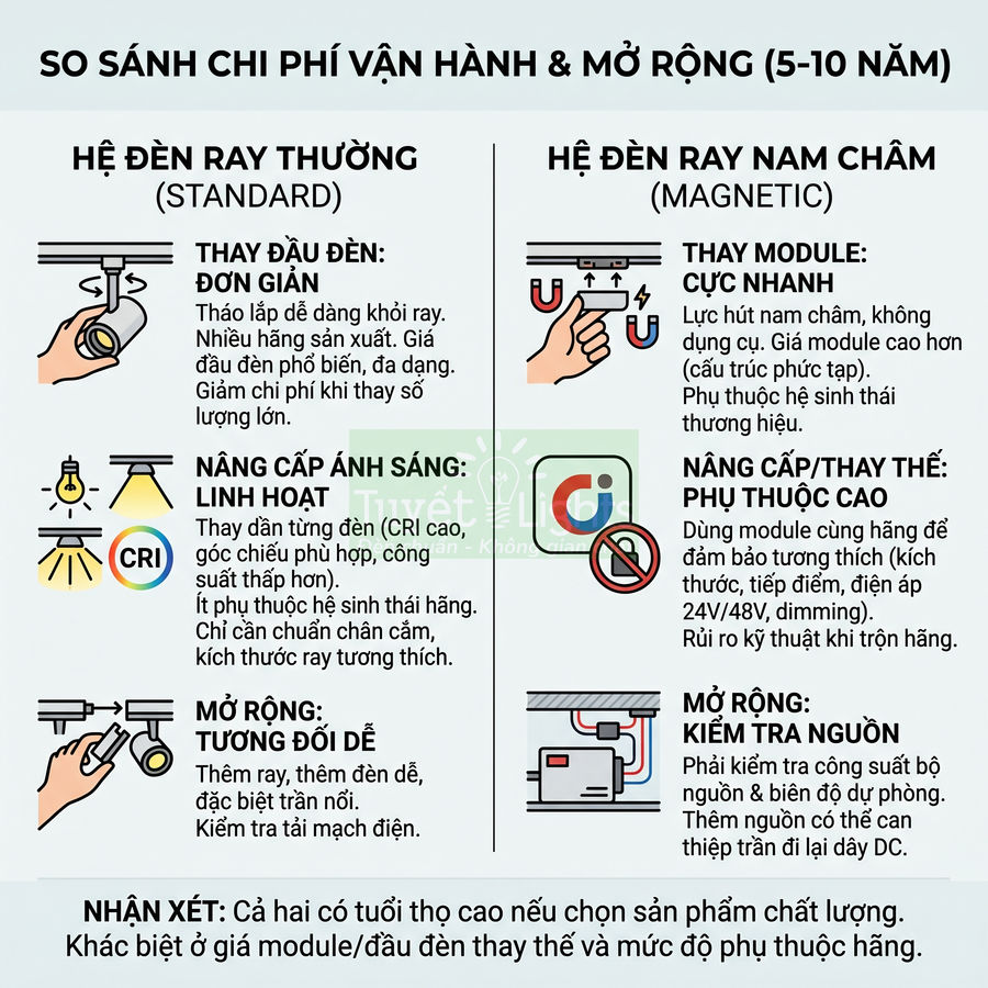 So sánh chi phí vận hành và mở rộng hệ đèn ray thường và hệ đèn ray nam châm trong 5 đến 10 năm