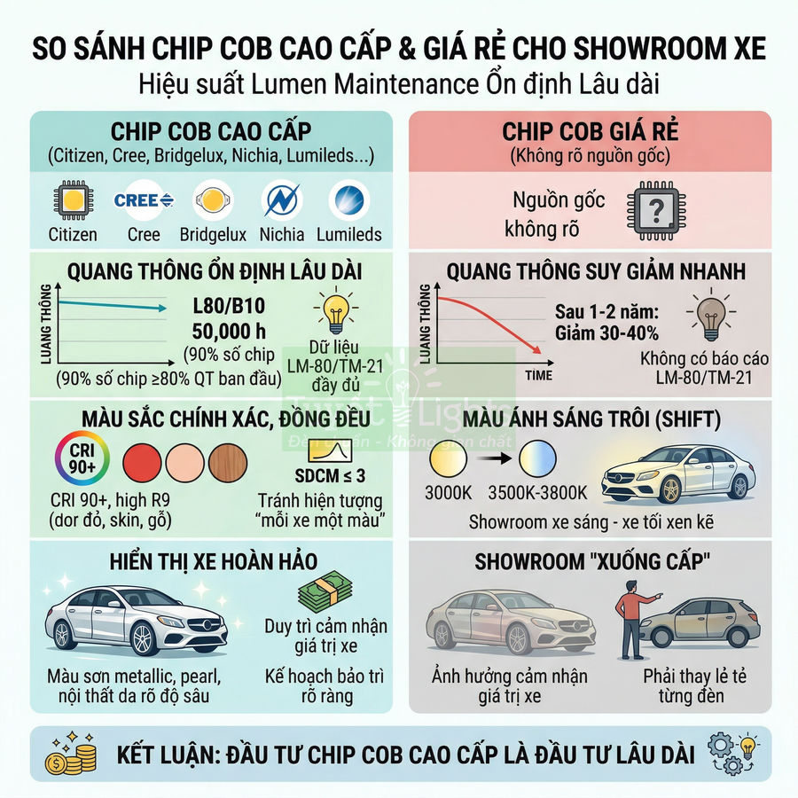 Infographic so sánh chip COB cao cấp và chip COB giá rẻ cho showroom ô tô, nhấn mạnh độ bền sáng và chất lượng màu
