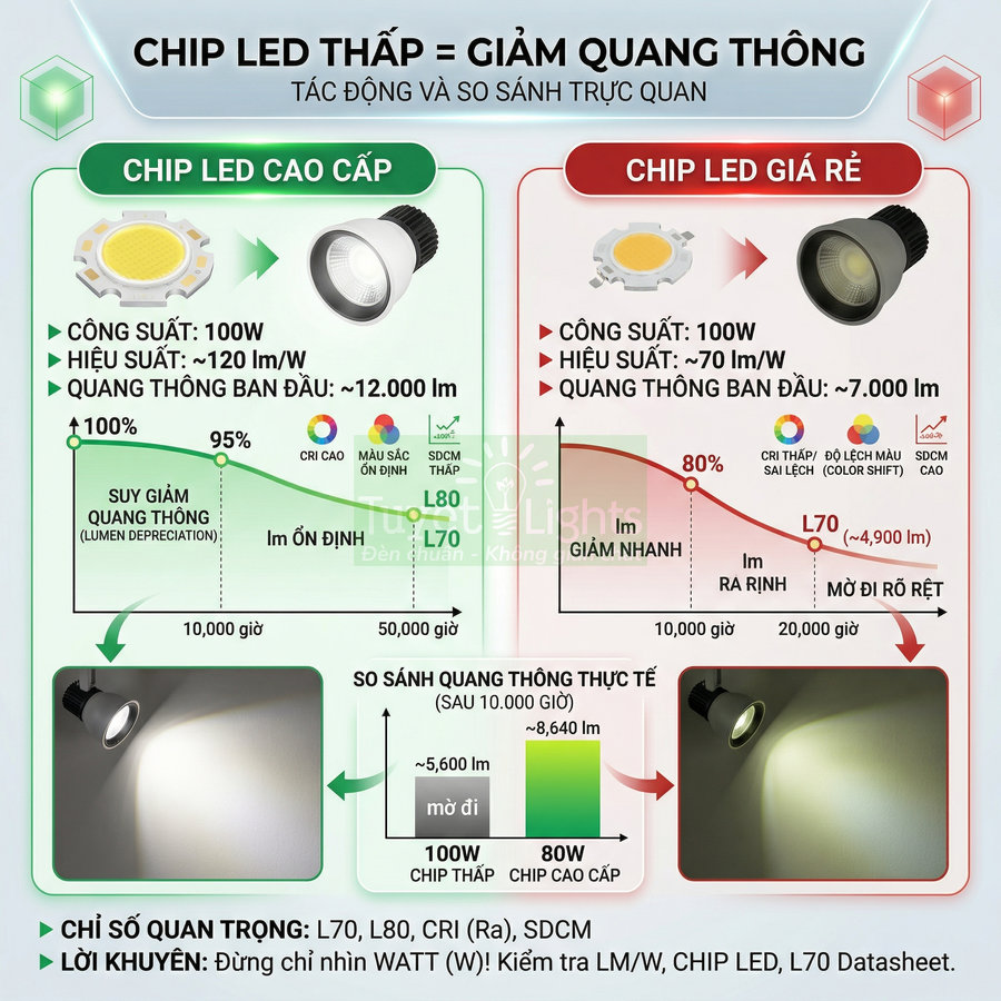 So sánh chip LED cao cấp và chip LED giá rẻ về công suất, hiệu suất và độ suy giảm quang thông