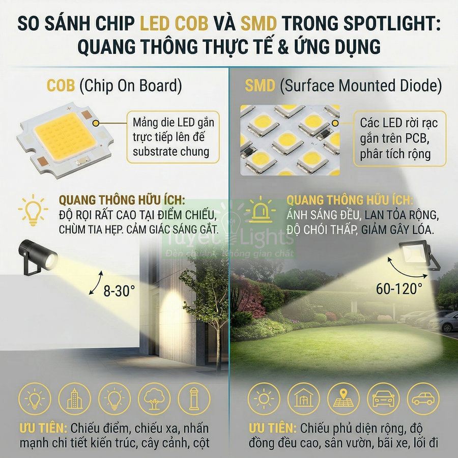 So sánh chip LED COB và SMD trong đèn spotlight, minh họa góc chiếu và ứng dụng chiếu sáng ngoài trời