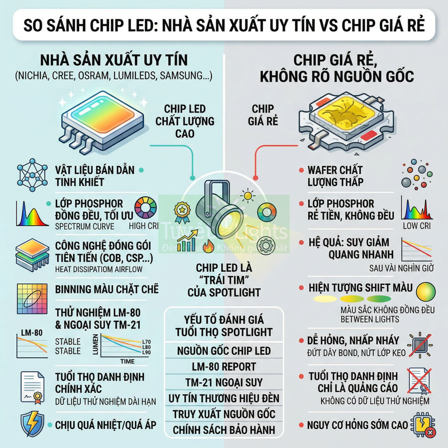 So sánh chip LED nhà sản xuất uy tín như Nichia, Cree, Osram với chip LED giá rẻ không rõ nguồn gốc