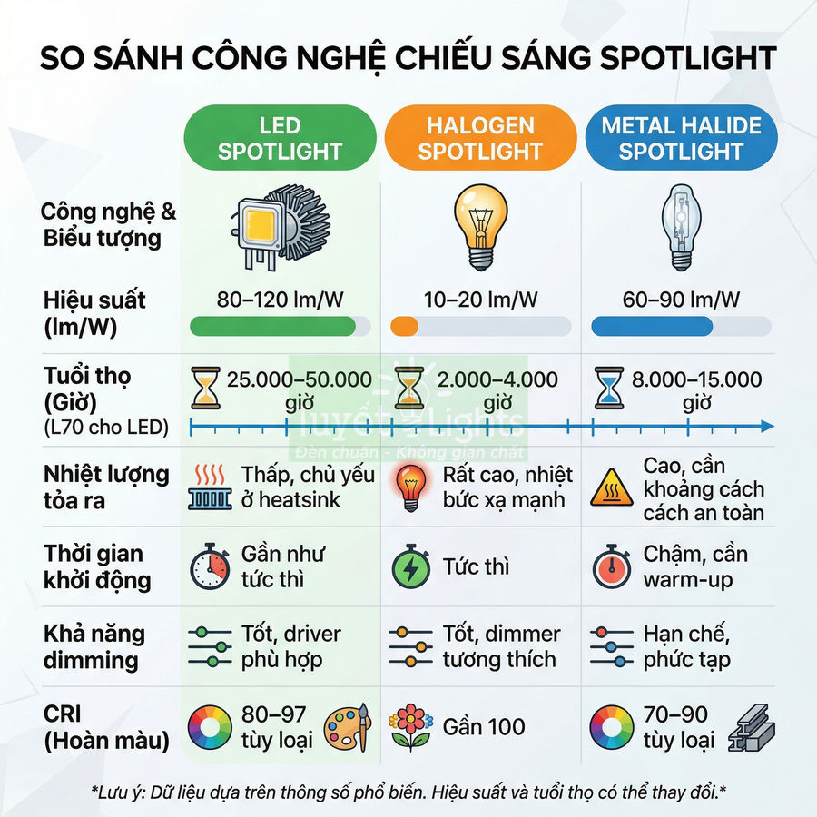 Bảng so sánh đèn spotlight LED, halogen và metal halide về hiệu suất, tuổi thọ, nhiệt lượng, khởi động, dimming và CRI