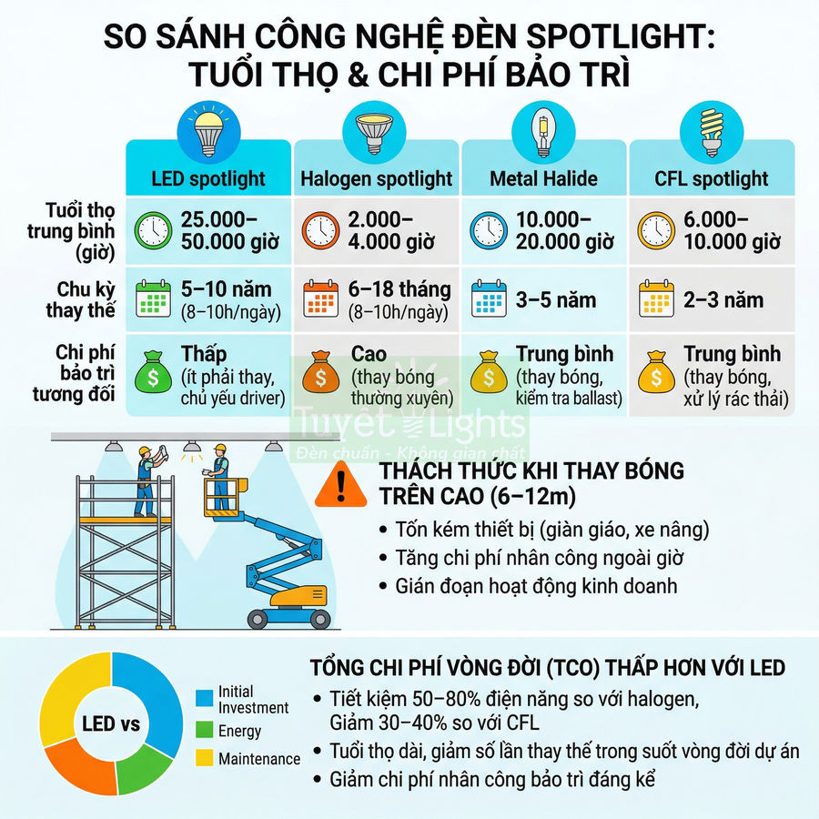 Infographic so sánh đèn LED spotlight với halogen, metal halide, CFL về tuổi thọ, chi phí bảo trì và tổng chi phí vòng đời