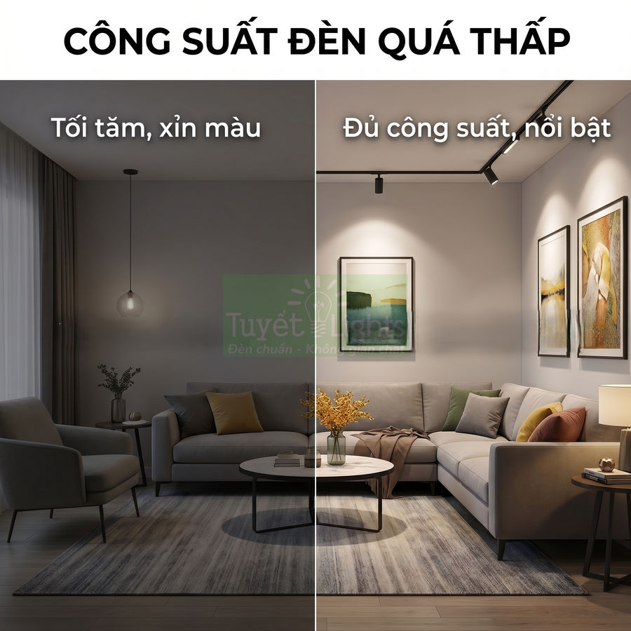 So sánh phòng khách dùng đèn công suất thấp tối tăm và đèn đủ công suất sáng rõ, nội thất nổi bật