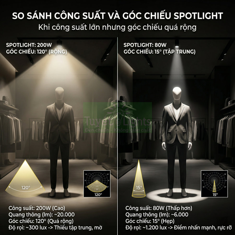 So sánh đèn spotlight 200W góc chiếu rộng và spotlight 80W góc chiếu hẹp chiếu sáng ma nơ canh trong cửa hàng thời trang