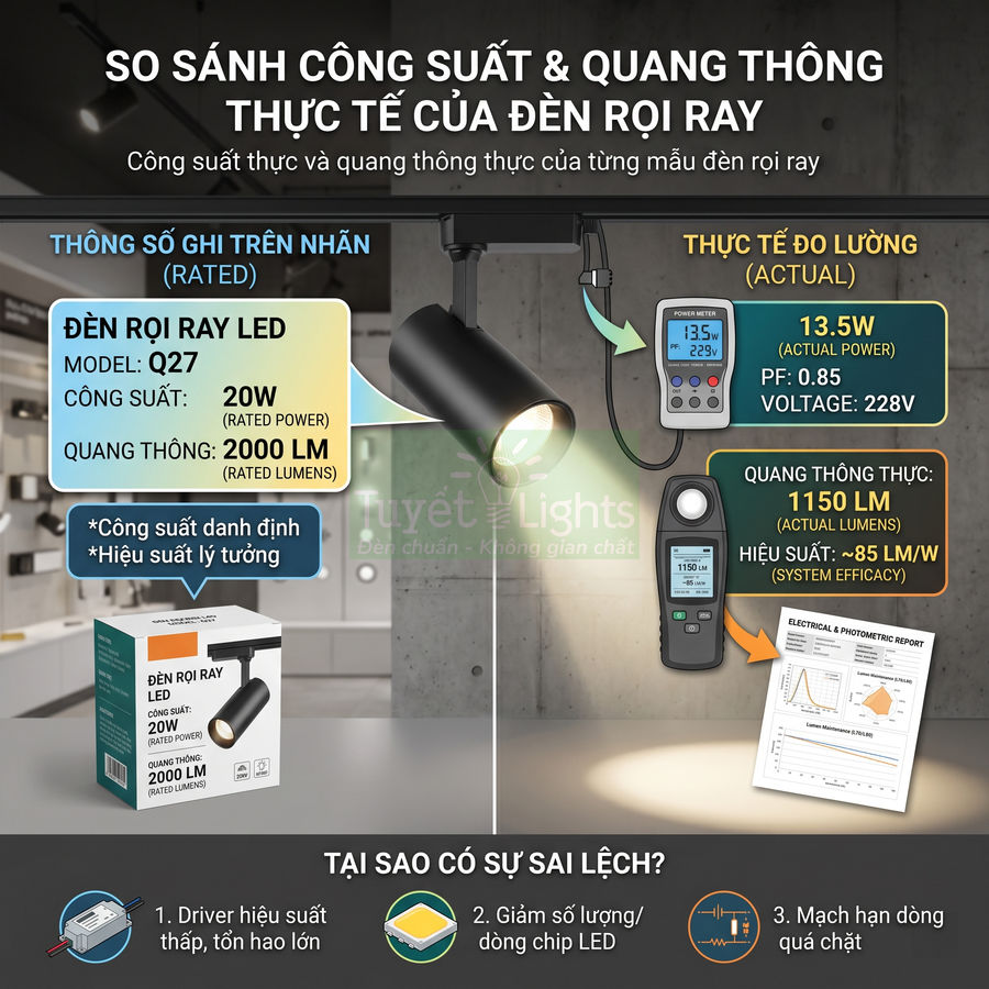 Đèn rọi ray LED Q27 Tuyết Lights màu đen, so sánh công suất và quang thông thực tế với thông số trên nhãn