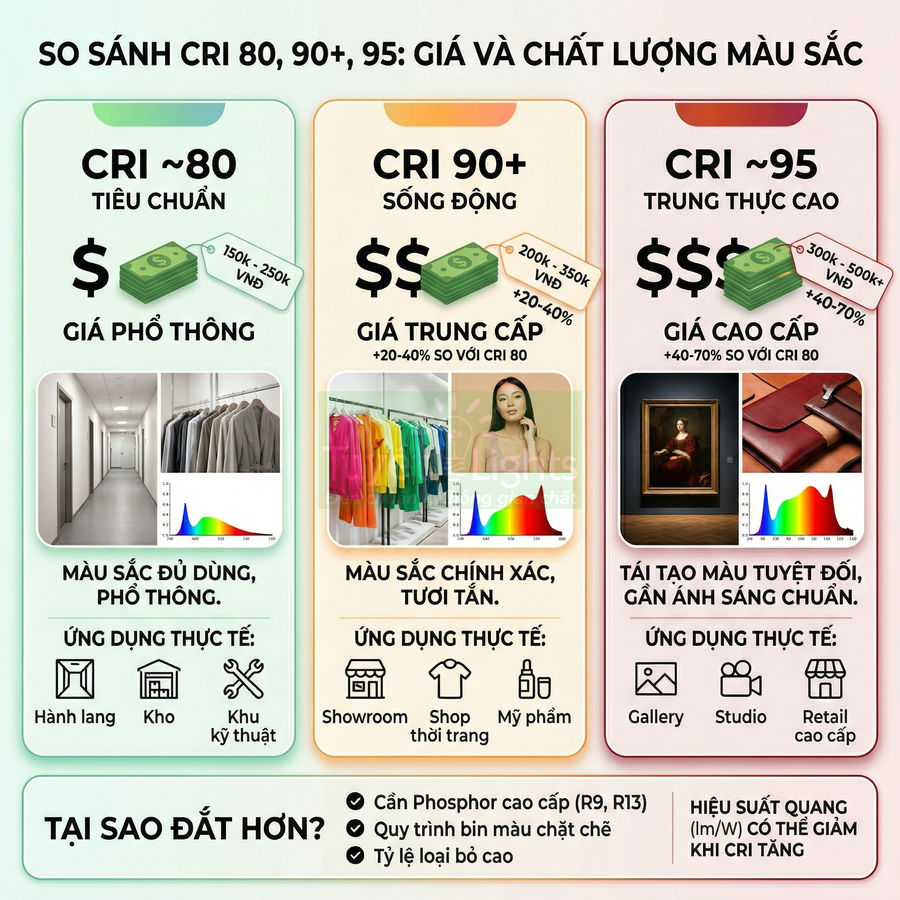 Infographic so sánh chỉ số CRI 80, 90, 95 cho đèn chiếu sáng về giá và chất lượng hiển thị màu sắc
